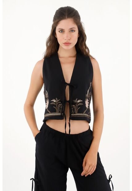 Topmark Chaleco Con Diseño Floral Y Amarres Negro Para Mujer