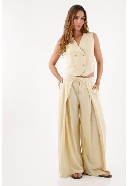 Topmark Pantalón Para Mujer De Lino Arena Palazzo Con Pliegues Frontales