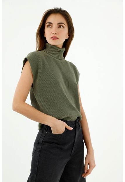 Chaleco Tejido De Mujer, Silueta Clásica Cuello Tortuga, Color Verde