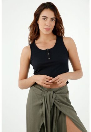 Camiseta De Mujer, Silueta Ajustada Manga Sisa Con Broches, Color Negro