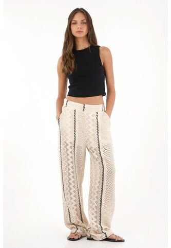 Pantalón Recto Tejido Con Líneas En Contraste Crudo Para Mujer topmark