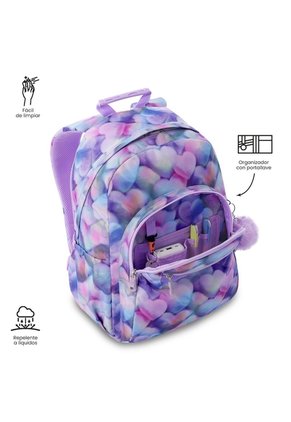 Morral Juvenil Porta PC 14" Acuarela Morado Con Corazones