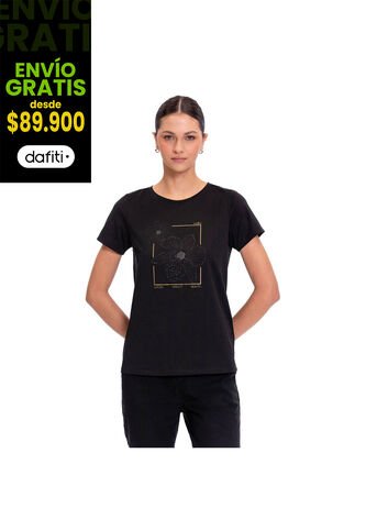 Camiseta Estampada Para Mujer Thinky Manga Corta Negra Totto