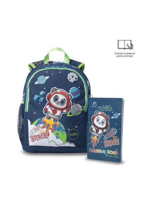 Morral + Libro Para Colorear Panda Space Para Niño Mediano Azul