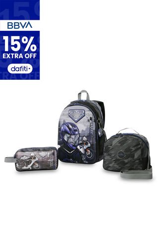 Combo Escolar Niño X3 Morral +Lonchera+Multiuso Helmet Racer Negro Totto