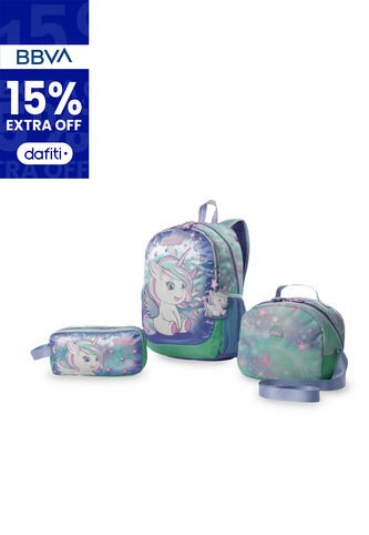 Combo Escolar Niña X3 Morral + Lonchera + Multiuso Magic Dreams Verde Totto