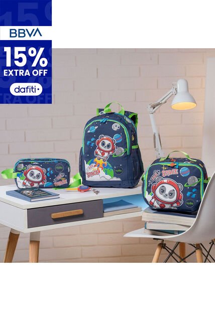 Combo Escolar Morral Panda Space + Lonchera Y Cartuchera