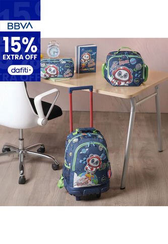 Combo Escolar Morral Con Ruedas Panda Space + Lonchera Y Cartuchera Totto
