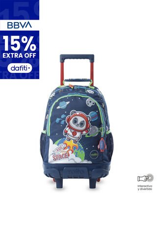 Maleta Para Niño Con Ruedas + Libro Para Colorear Panda Space Azul Totto