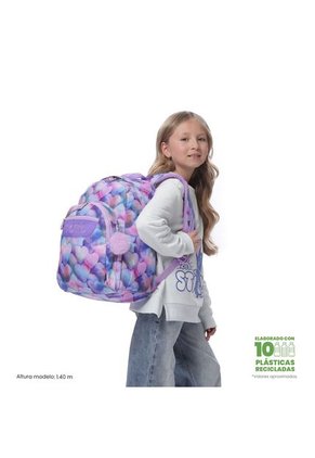 Morral Juvenil Porta PC 14" Acuarela Morado Con Corazones