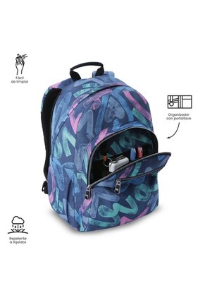 Morral Juvenil Porta PC 14" Acuarela Azul Con Corazones