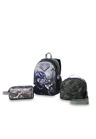 Combo Escolar Niño X3 Morral +Lonchera+Multiuso Helmet Racer Negro Totto