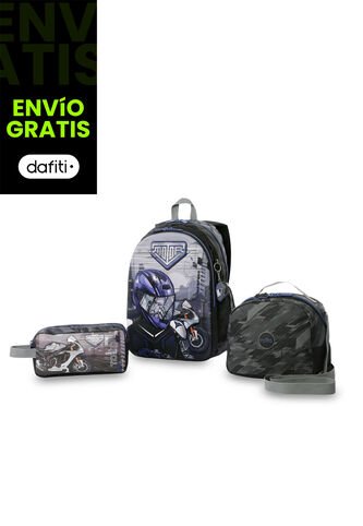 Combo Escolar Niño X3 Morral +Lonchera+Multiuso Helmet Racer Negro Totto