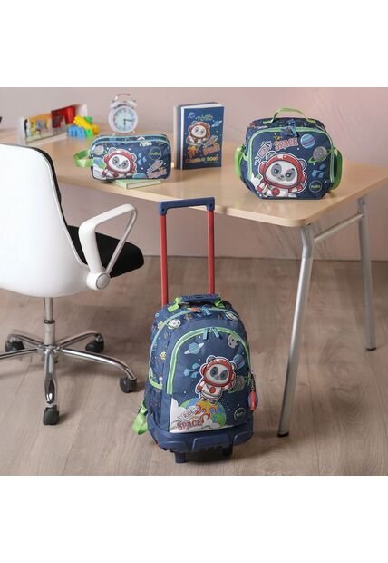 Combo Escolar Morral Con Ruedas Panda Space + Lonchera Y Cartuchera