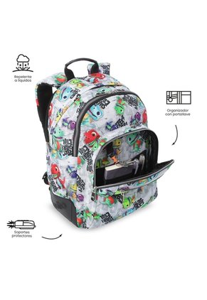 Morral Juvenil Porta PC 14" Rayol Gris Con Dinosaurios