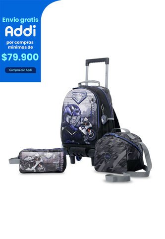 Combo Escolar Niño X3 Maleta Ruedas+Lonchera+Multiuso Helmet Racer Negro Totto
