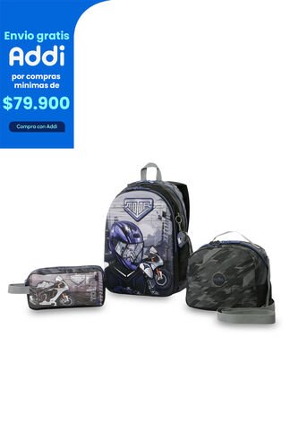 Combo Escolar Niño X3 Morral +Lonchera+Multiuso Helmet Racer Negro Totto