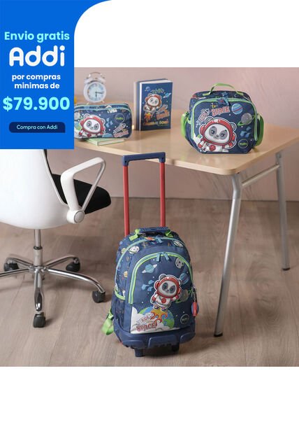 Combo Escolar Morral Con Ruedas Panda Space + Lonchera Y Cartuchera