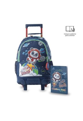 Maleta Para Niño Con Ruedas + Libro Para Colorear Panda Space Azul