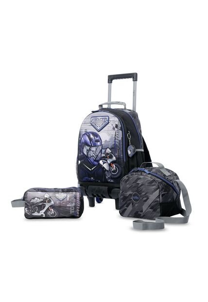 Combo Escolar Niño X3 Maleta Ruedas+Lonchera+Multiuso Helmet Racer Negro