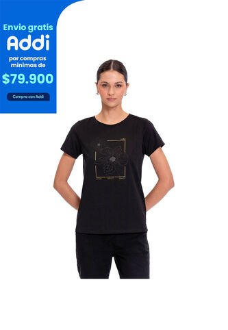 Camiseta Estampada Para Mujer Thinky Manga Corta Negra Totto