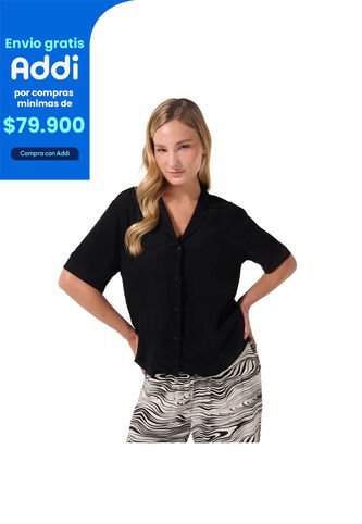 Camisa Manga Corta Brezo Para Mujer Negra Totto
