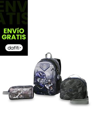 Combo Escolar Niño X3 Morral +Lonchera+Multiuso Helmet Racer Negro Totto