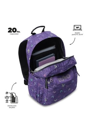 Morral Juvenil Porta PC 14" Acuarela Morado Con Corazones