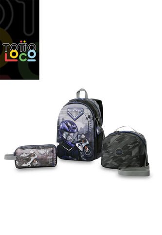 Combo Escolar Niño X3 Morral +Lonchera+Multiuso Helmet Racer Negro Totto