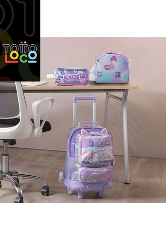 Combo Escolar Morral Con Ruedas Andy Cat + Lonchera Y Cartuchera Totto