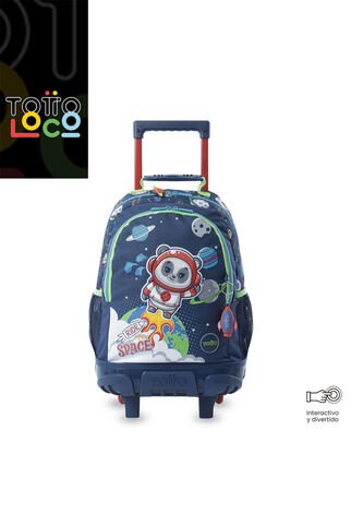 Maleta Para Niño Con Ruedas + Libro Para Colorear Panda Space Azul Totto