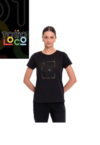 Camiseta Estampada Para Mujer Thinky Manga Corta Negra Totto