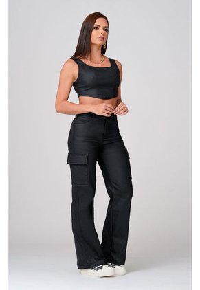 Pantalón Cargo Tiro Alto En Efecto Cuero Negro - Trucco's