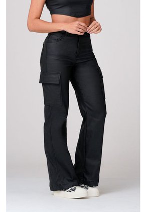 Pantalón Cargo Tiro Alto En Efecto Cuero Negro - Trucco's