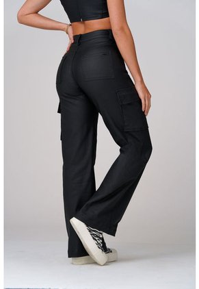 Pantalón Cargo Tiro Alto En Efecto Cuero Negro - Trucco's