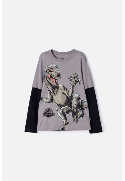 Camiseta De Jurassic World Gris Y Negra Doble Manga Para Niño 12