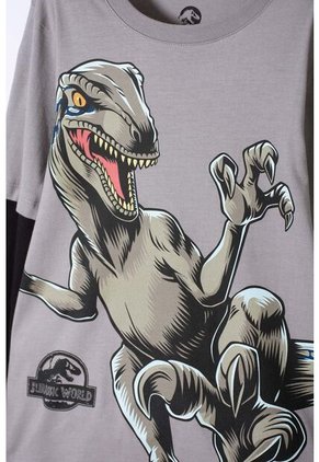 Camiseta De Jurassic World Gris Y Negra Doble Manga Para Niño 12