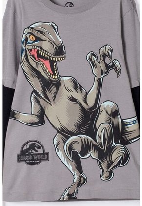 Camiseta De Jurassic World Gris Y Negra Doble Manga Para Niño 12