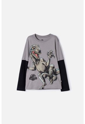 Camiseta De Jurassic World Gris Y Negra Doble Manga Para Niño 6