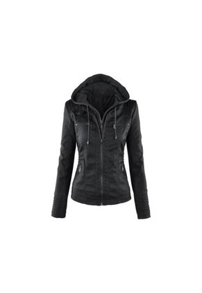 Chaqueta Mujer Cuero PU Gruesa Capota Motocicleta 2287 Negro