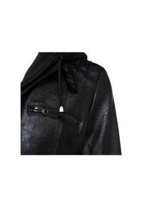Chaqueta Mujer Cuero PU Gruesa Capota Motocicleta 2287 Negro