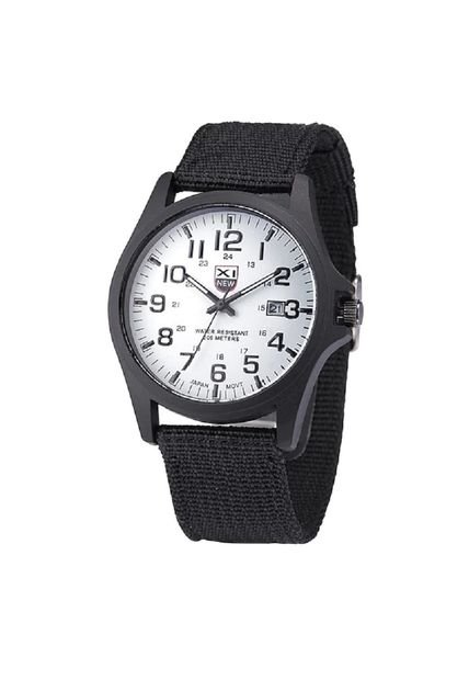 Reloj Analogo Militar Acero Manilla Algodon Color Negro