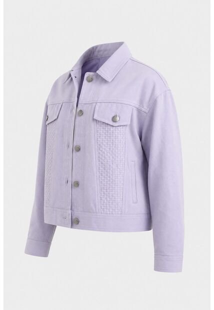 Chaqueta Calas En Denim Rígido Para Mujer Detalles Cuero Chaqueta Calas En Denim Rígido Para Mujer Detalles Cuero Lila L VÉLEZ