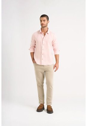 Camisa Manga Larga En Lino Para Hombre Silueta Semi Ajustada Camisa Manga Larga En Lino Para Hombre Silueta Semi Ajustada Rosado L VÉLEZ