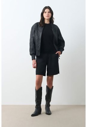Bomber De Cuero Repujado Para Mujer Sira Bomber De Cuero Repujado Para Mujer Sira Negro XL VÉLEZ