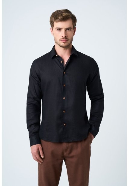 Camisa Manga Larga En Lino Para Hombre Silueta Semi Ajustada Camisa Manga Larga En Lino Para Hombre Silueta Semi Ajustada Negro M VÉLEZ