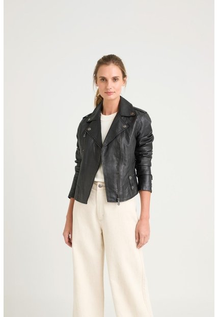 Chaqueta Biker De Cuero Para Mujer Charreteras Negro Chaqueta Biker De Cuero Para Mujer Charreteras Negro S VÉLEZ