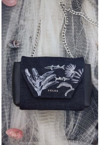 Manos Libres Mini Lili En Denim Y Cuero Para Mujer Bordado Manos Libres Mini Lili En Denim Y Cuero Para Mujer Bordado Azul Oscuro Vélez Vélez