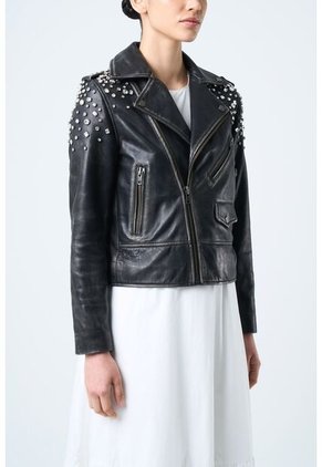 Chaqueta Biker De Cuero Para Mujer Cristales Chaqueta Biker De Cuero Para Mujer Cristales Negro M VÉLEZ