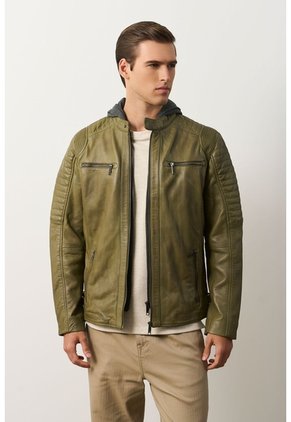 Chaqueta Belmont De Cuero Para Hombre Capucha Y Pechera Chaqueta Belmont De Cuero Para Hombre Capucha Y Pechera Verde Oliva M VÉLEZ